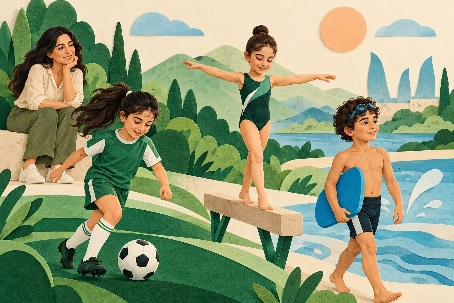Illustration of children moving and playing with a ball and sports equipment